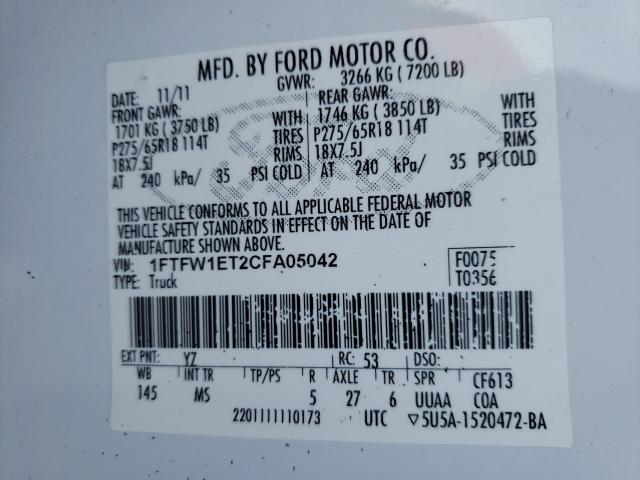 1FTFW1ET2CFA05042 - 2012 FORD F150 SUPER WHITE photo 10