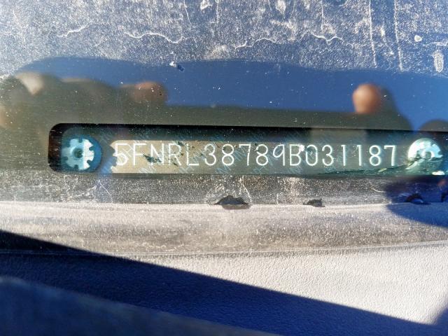 5FNRL38789B031187 - 2009 HONDA ODYSSEY EX GRAY photo 10