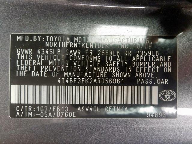 4T4BF3EK2AR056861 - 2010 TOYOTA CAMRY BASE GRAY photo 10