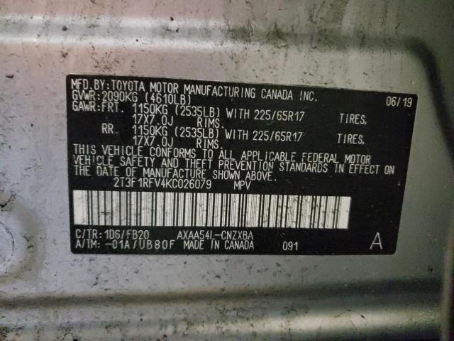 2T3F1RFV4KC026079 - 2019 TOYOTA RAV4 LE SILVER photo 10