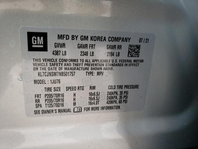 KL7CJNSM7NB501757 - 2022 CHEVROLET TRAX LS SILVER photo 10