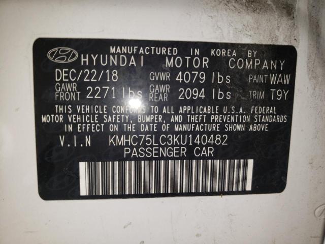 KMHC75LC3KU140482 - 2019 HYUNDAI IONIQ SEL WHITE photo 10