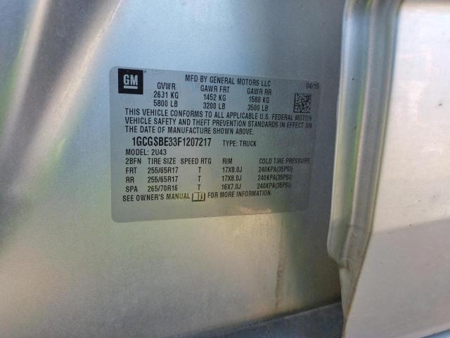 1GCGSBE33F1207217 - 2015 CHEVROLET COLORADO L SILVER photo 10