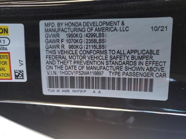 1HGCV1F52MA118897 - 2021 HONDA ACCORD EXL BLACK photo 10