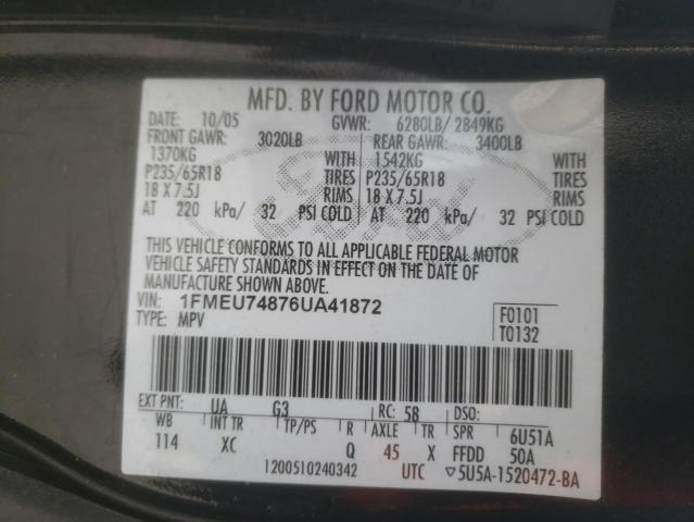 1FMEU74876UA41872 - 2006 FORD EXPLORER BLACK photo 10