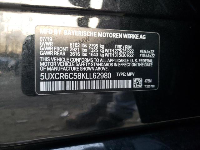 5UXCR6C58KLL62980 - 2019 BMW X5 XDRIVE4 BLACK photo 10