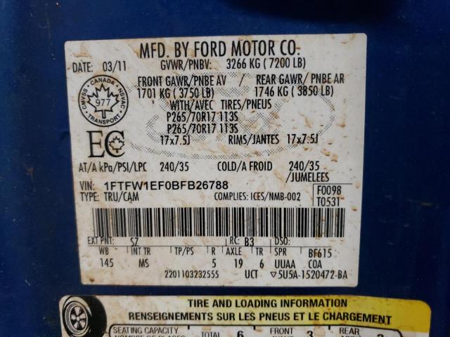 1FTFW1EF0BFB26788 - 2011 FORD F150 BLUE photo 10