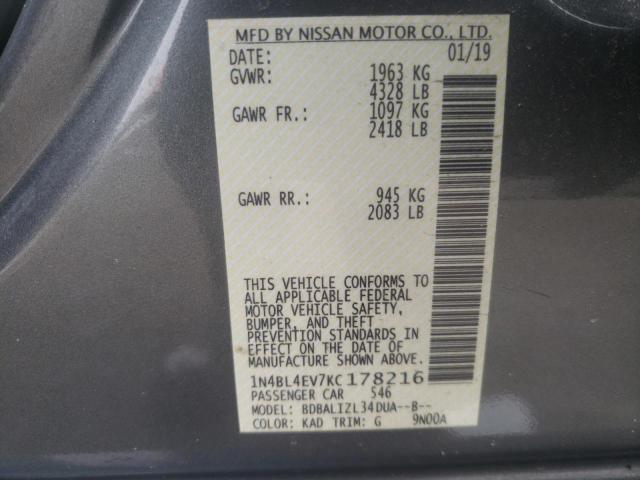 1N4BL4EV7KC178216 - 2019 NISSAN ALTIMA SL GRAY photo 10