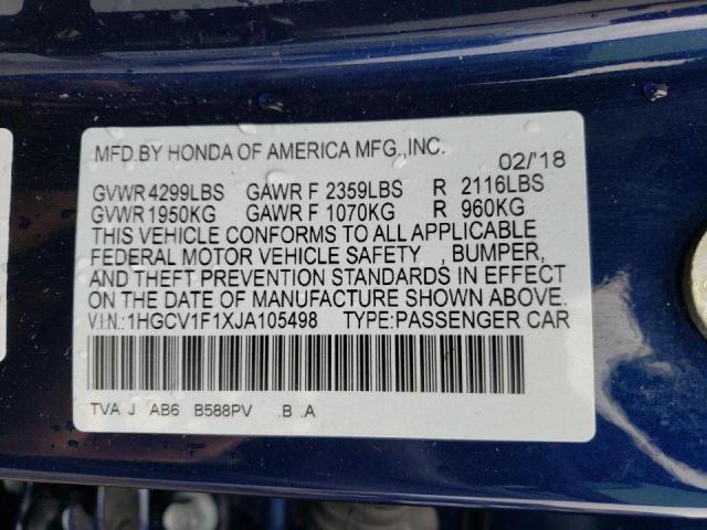 1HGCV1F1XJA105498 - 2018 HONDA ACCORD LX BLUE photo 10