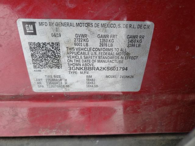 3GNKBBRA2KS601794 - 2019 CHEVROLET BLAZER 1LT RED photo 10