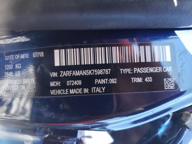 ZARFAMAN5K7598787 - 2019 ALFA ROMEO GIULIA BLUE photo 10