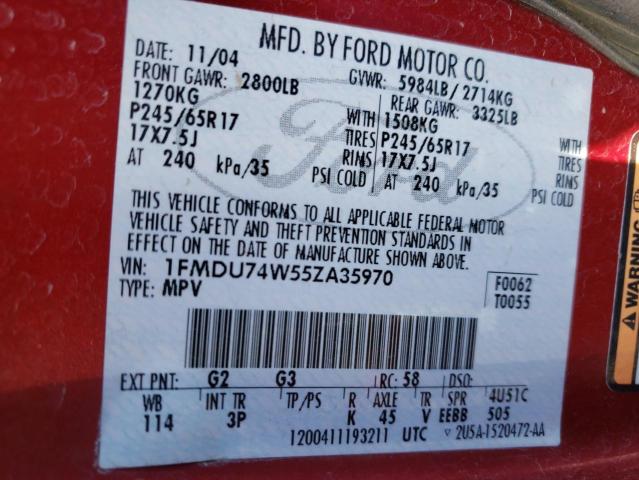 1FMDU74W55ZA35970 - 2005 FORD EXPLORER E RED photo 10