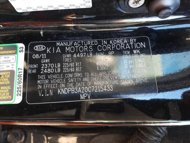 KNDPB3A20C7215433 - 2012 KIA SPORTAGE B BLACK photo 10