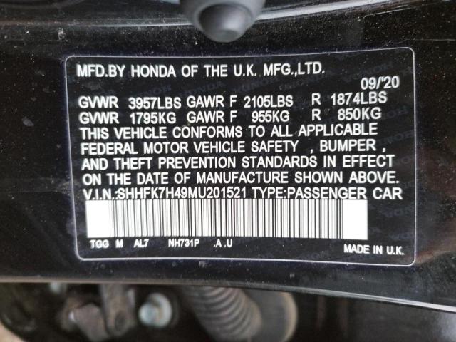 SHHFK7H49MU201521 - 2021 HONDA CIVIC SPOR BLACK photo 10