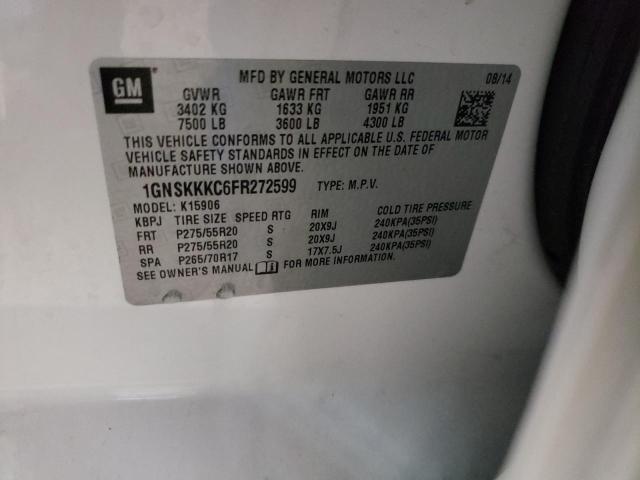 1GNSKKKC6FR272599 - 2015 CHEVROLET SUBURBAN K WHITE photo 10