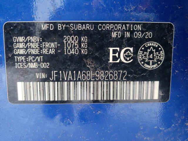 JF1VA1A68L9826872 - 2020 SUBARU WRX BLUE photo 10