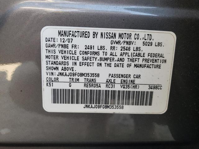 JNKAJ09F08M353558 - 2008 INFINITI EX35 BASE GRAY photo 10