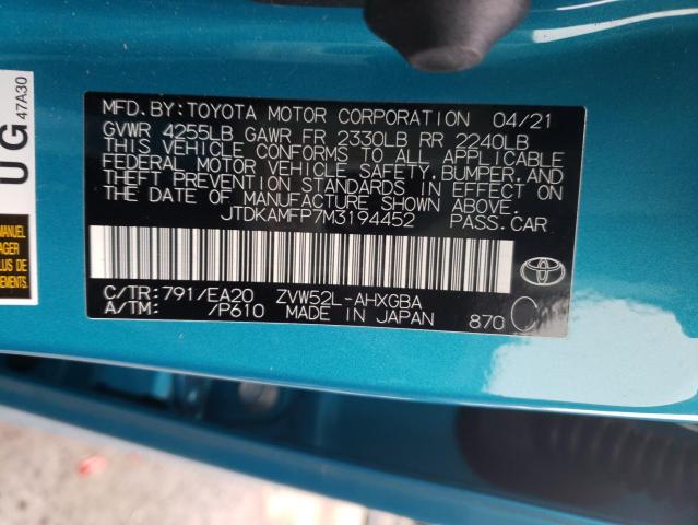 JTDKAMFP7M3194452 - 2021 TOYOTA PRIUS PRIM 蓝色 照片 10