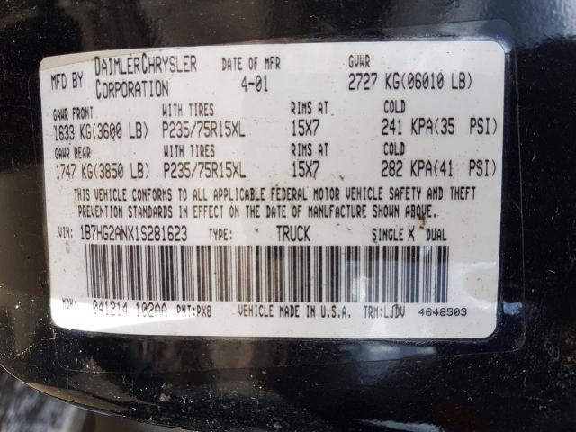 1B7HG2ANX1S281623 - 2001 DODGE DAKOTA QUAD  photo 10