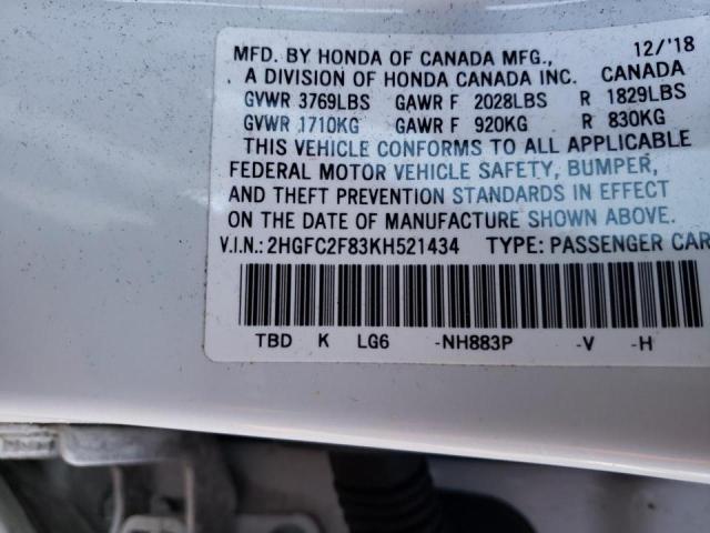 2HGFC2F83KH521434 - 2019 HONDA CIVIC SPOR WHITE photo 10