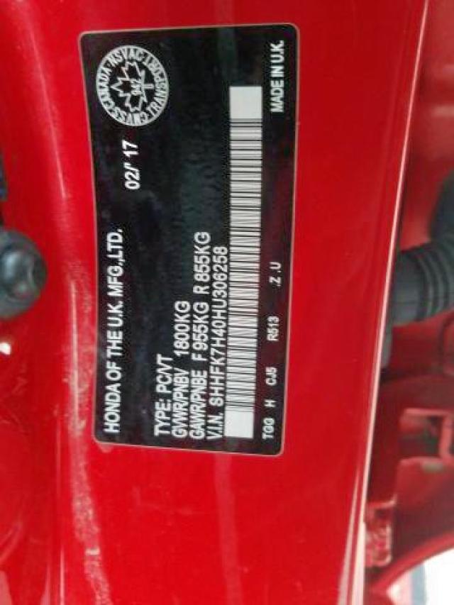 SHHFK7H40HU306258 - 2017 HONDA CIVIC SPOR RED photo 9