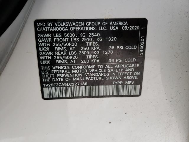 1V25E2CA5LC227189 - 2020 VOLKSWAGEN ATLAS CROS Белый фото 10