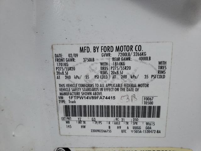 1FTPW14V89FA74415 - 2009 FORD F-150 WHITE photo 10