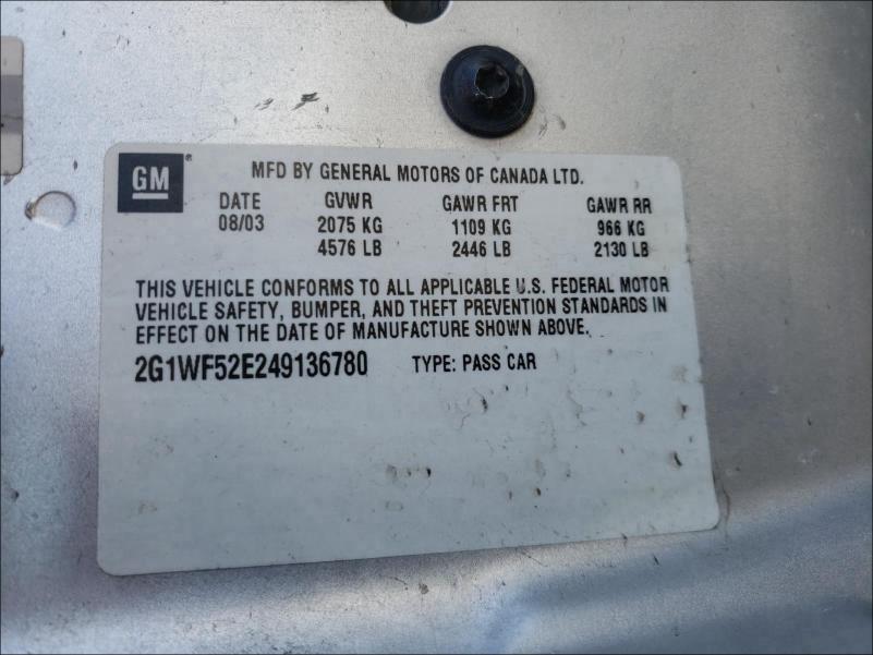 2G1WF52E249136780 - 2004 CHEVROLET IMPALA SILVER photo 10