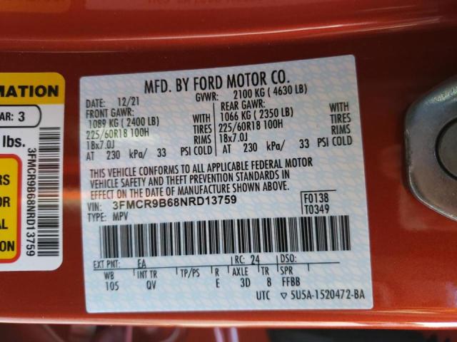 3FMCR9B68NRD13759 - 2022 FORD BRONCO RED photo 10