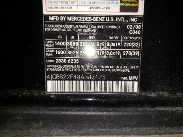 4JGBB22E48A387175 - 2008 MERCEDES-BENZ ML 320 CDI BLACK photo 10