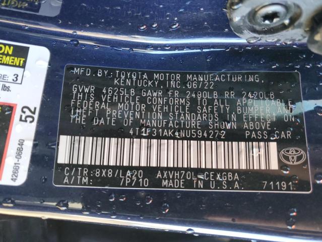 4T1F31AK4NU594272 - 2022 TOYOTA CAMRY XLE BLUE photo 13