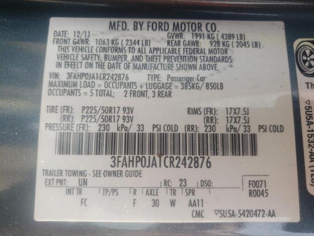 3FAHP0JA1CR242876 - 2012 FORD FUSION SEL GRAY photo 10