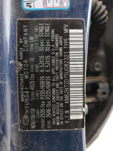 KM8JN72D75U082321 - 2005 HYUNDAI TUCSON BLUE photo 10