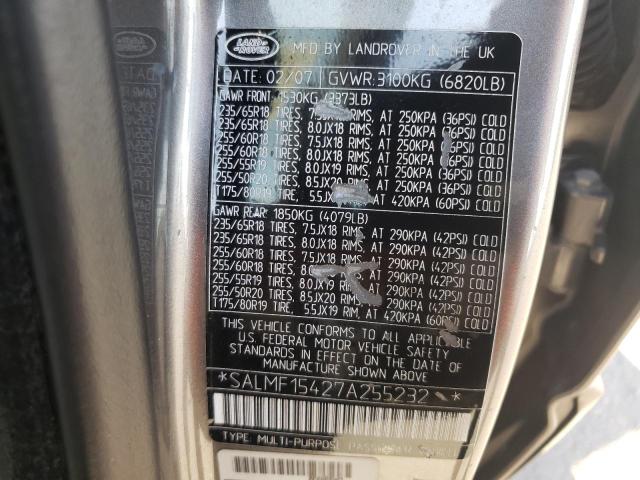 SALMF15427A255232 - 2007 LAND ROVER RANGE ROVE SILVER photo 10