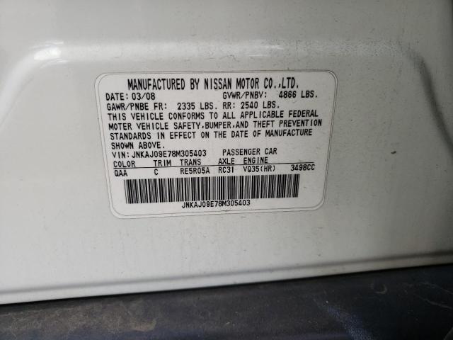 JNKAJ09E78M305403 - 2008 INFINITI EX35 BASE WHITE photo 10