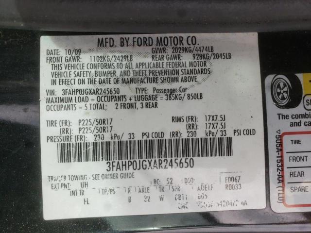 3FAHP0JGXAR245650 - 2010 FORD FUSION SEL BLACK photo 10