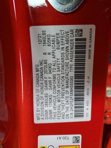 2HGFE2F5XNH555083 - 2022 HONDA CIVIC SPOR Rouge photo 12