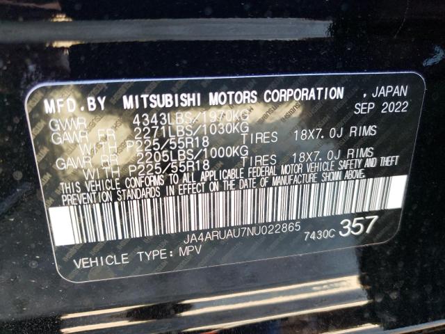 JA4ARUAU7NU022865 - 2022 MITSUBISHI OUTLANDER შავი ფოტო 13