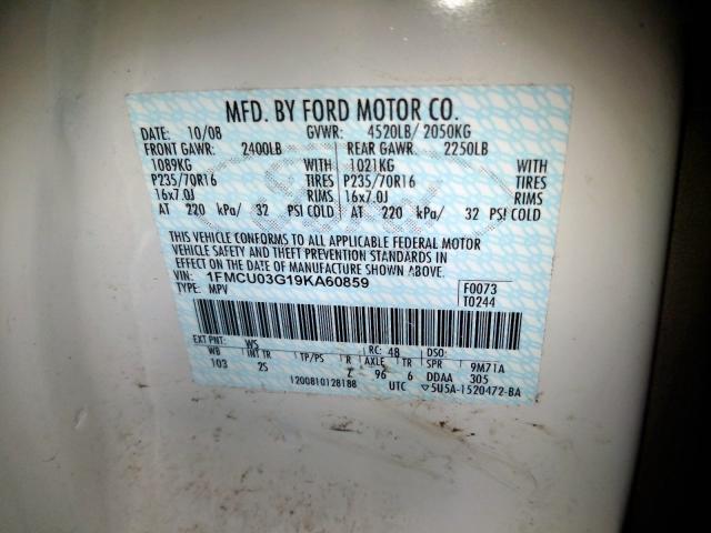 1FMCU03G19KA60859 - 2009 FORD ESCAPE XLT WHITE photo 10