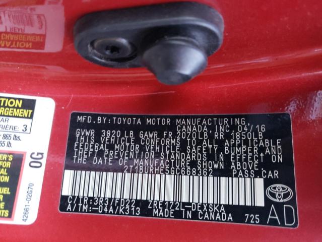 2T1BURHE5GC668362 - 2016 TOYOTA COROLLA L RED photo 10