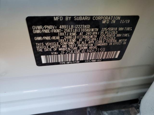 JF2SKAMC4LH462159 - 2020 SUBARU FORESTER S თეთრი ფოტო 12