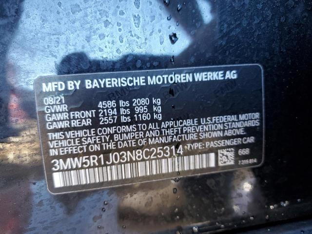 3MW5R1J03N8C25314 - 2022 BMW 330I BLACK photo 12