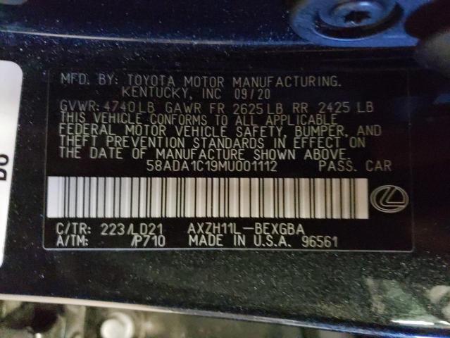 58ADA1C19MU001112 - 2021 LEXUS ES 300H BLACK photo 12