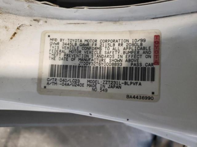 JTDDY32T6Y0008893 - 2000 TOYOTA CELICA WHITE photo 10