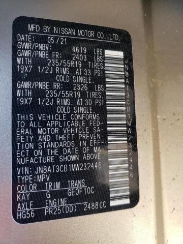 JN8AT3CB1MW232446 - 2021 NISSAN ROGUE SL GRAY photo 10