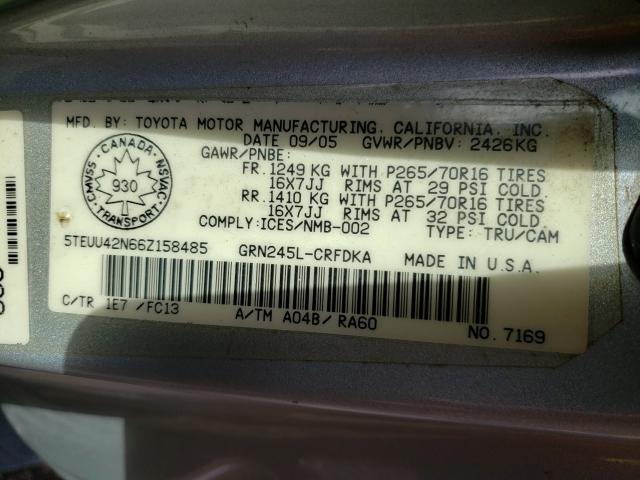 5TEUU42N66Z158485 - 2006 TOYOTA TACOMA ACC ვერცხლისფერი ფოტო 10