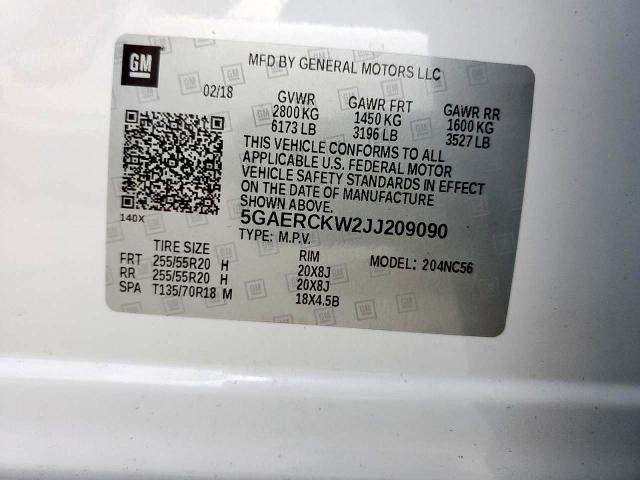 5GAERCKW2JJ209090 - 2018 BUICK ENCLAVE PR WHITE photo 10