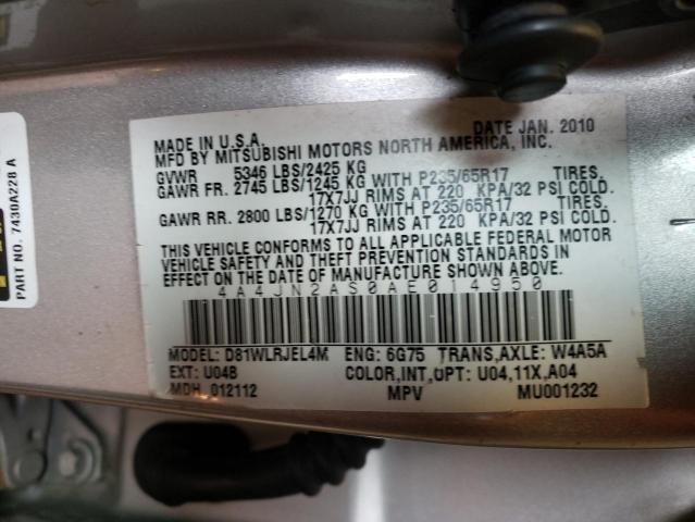 4A4JN2AS0AE014950 - 2010 MITSUBISHI ENDEAVOR L SILVER photo 10