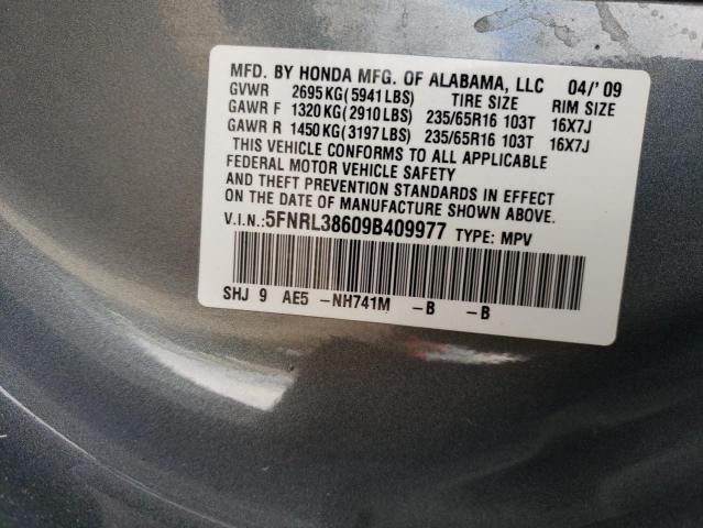 5FNRL38609B409977 - 2009 HONDA ODYSSEY EX GRAY photo 12