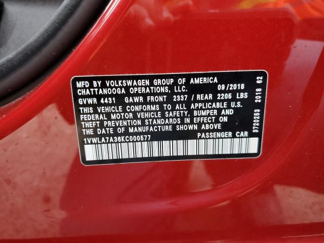 1VWLA7A36KC000577 - 2019 VOLKSWAGEN PASSAT WOL RED photo 12